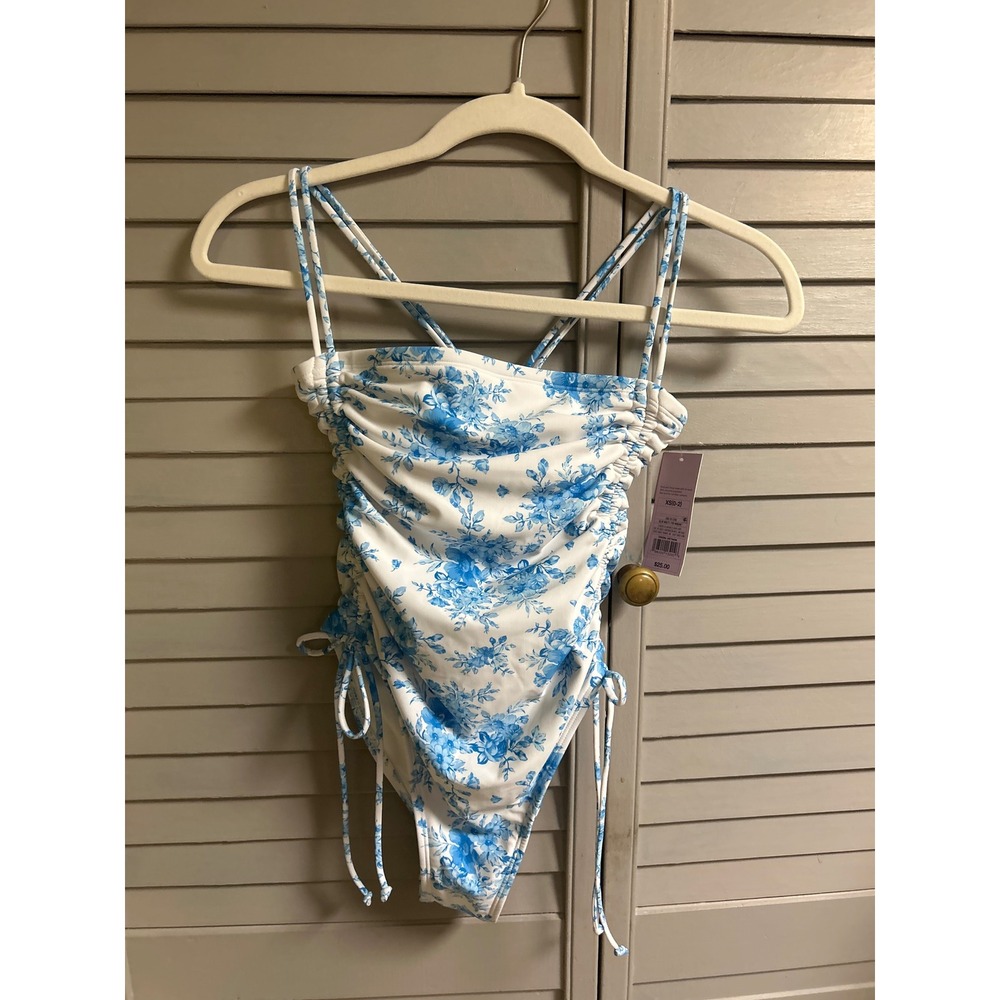 Wild Fable One Piece Swimsuit Blue Floral Ruched  Extra High Leg‎ Cheeky XS